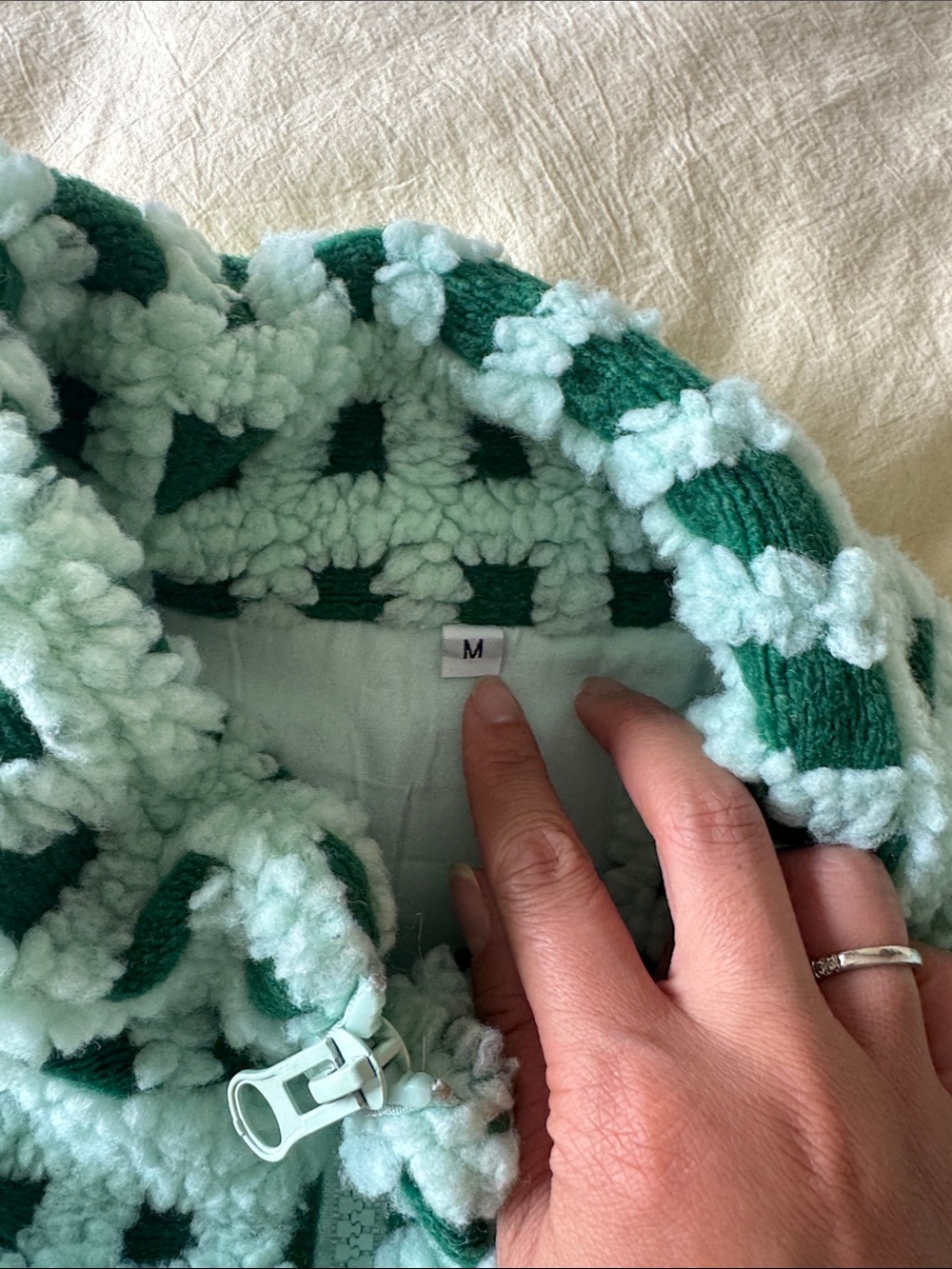 Amazon Mint Green and Dark Green Grid Fuzzy Zip Jacket - Picture 2 of 2